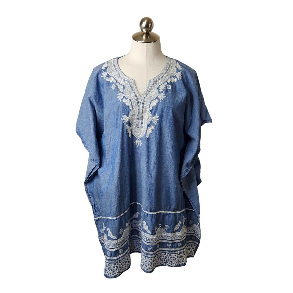Hydra Rockflowerpaper Embroidered Chambray Kaftan Womens S/M Blue‎ White Coastal